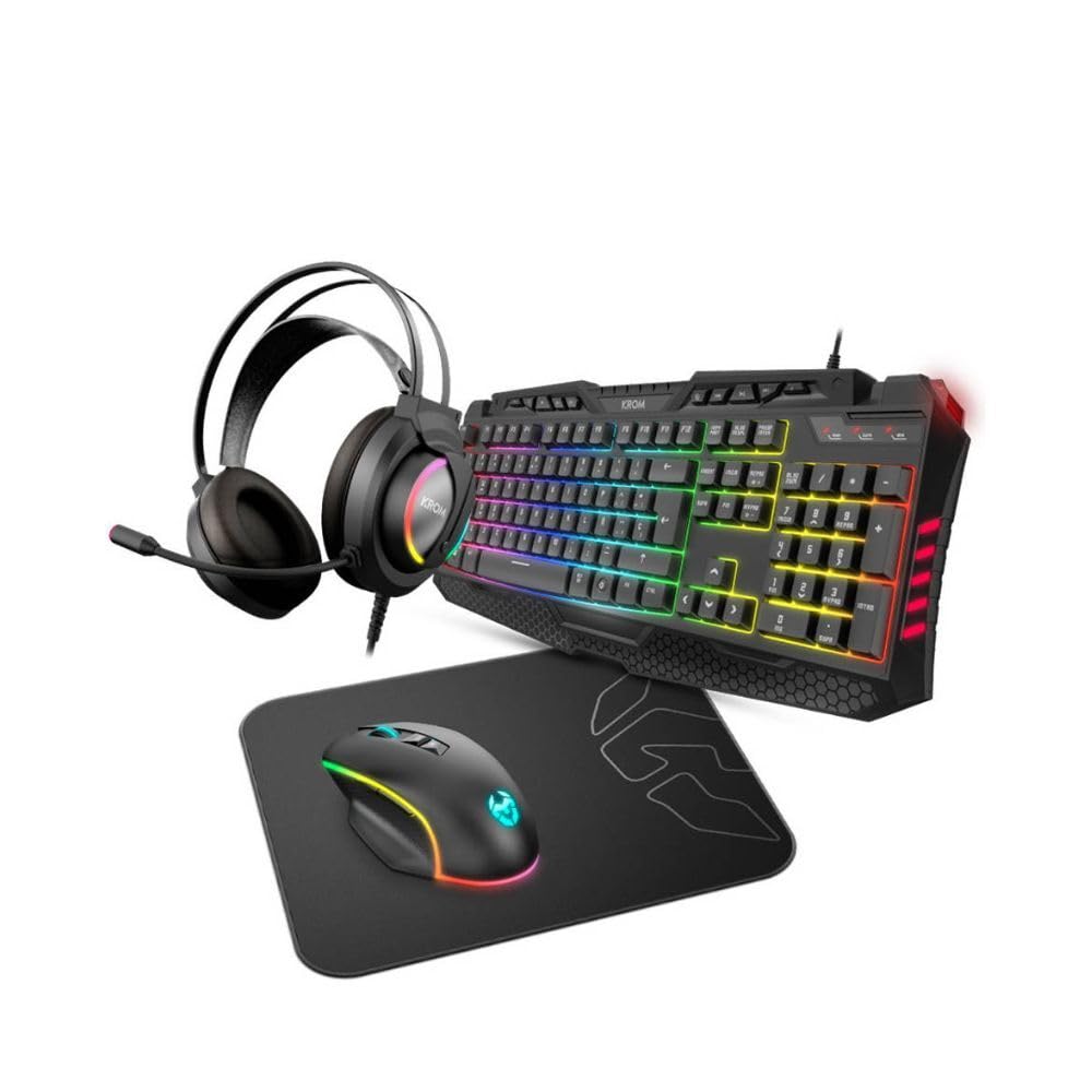 Set Combo Gaming Krom KRITIC SP -NXKROMKRITICSP- RGB, tastiera membrana, mouse ottico 6400 DPI, cuffie stereo, tappetino gomma antiscivolo, colore nero