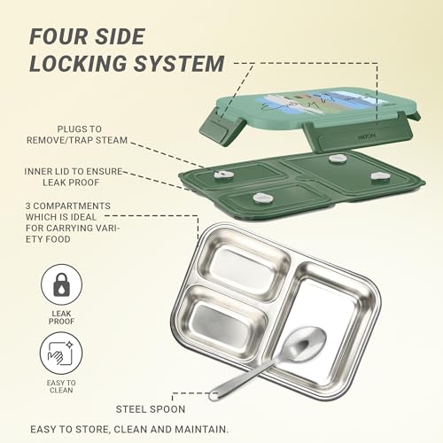 Image of MILTON Meal Safe 3 Inner Stainless Steel Tiffin Box for School with Steam Release Plug | PU Insulated, Leak-Proof, Food Grade I Lunch Box for Kids Boys, Girls with Snap Lock Lid, 630 ml, Dark Green