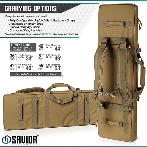 Savior Equipment Urban Warfare Tactical Double Carbine Long Rifle Bag Gun Case Firearm Backpack W/Pistol Handgun Case - 42 Inch X 12 Inch, Flat Dark Earth Tan #TOP3