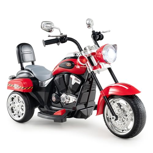 COSTWAY Moto Électrique 6V pour Enfants, Bouton Avant/Arrière, Phare Réglable de Haut en Bas, 3 Roues, Pédales et Dossier, Style de Chopper, Charge Max 30 kg, pour...