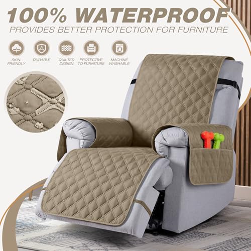 Image of TAOCOCO 100% Waterproof Recliner Covers, Recliner Sofa Covers with Leg Straps, Reversible Recliner Couch Cover for Reclining Chair, Washable Couch Protector for Pets Kids(1 Seater 25 inch, Khaki)
