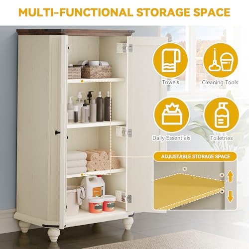 DWVO 4-Tier Storage Cabinet, 45.2" Farmhouse Kitchen Pantry Cabinet wth 2 Shutters-Doors & Adjustable Shelves, Wooden Tool Cabinet for Dining Room, Bathroom, Living Room, Laundry Room, Office, White