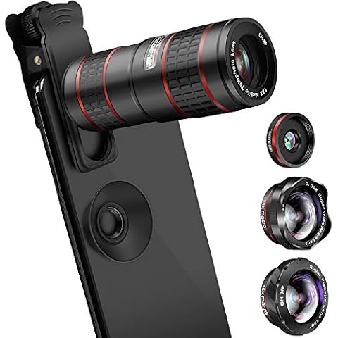 Phone Camera Lens Kit, 5 in 1 Cell Phone Lens Kit - 12X Zoom Telephoto Lens + Fisheye Lens + Super Wide Angle Lens+ Macro Lens Compatible with Smartphones/Pixel/Samsung/Android Phones Camera Cover