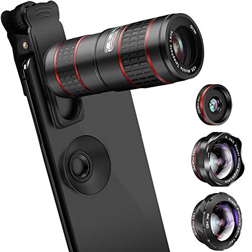 Phone Camera Lens Kit, 5 in 1 Cell Phone Lens Kit - 12X Zoom Telephoto Lens + Fisheye Lens + Super Wide Angle Lens+ Macro Lens Compatible with Smartphones/Pixel/Samsung/Android Phones Camera