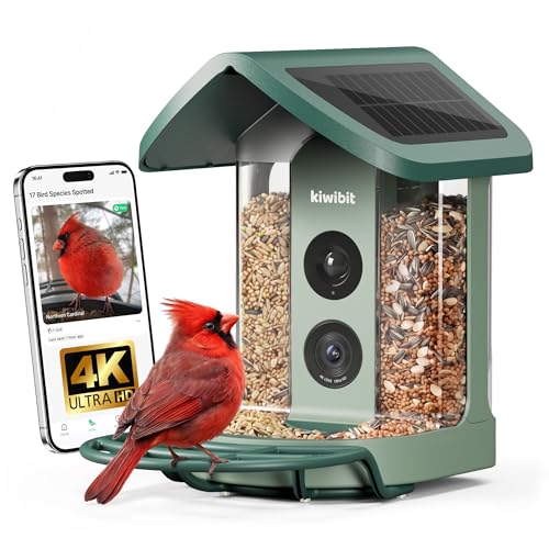 Kiwibit Solar Smart Bird Feeder with Camera AI Bird Species Identification, 8MP Photos, 4K UHD Video Live Stream Wild Bird House Feeders for Outdoors, Birdwatching Gifts for Bird Lover, Green