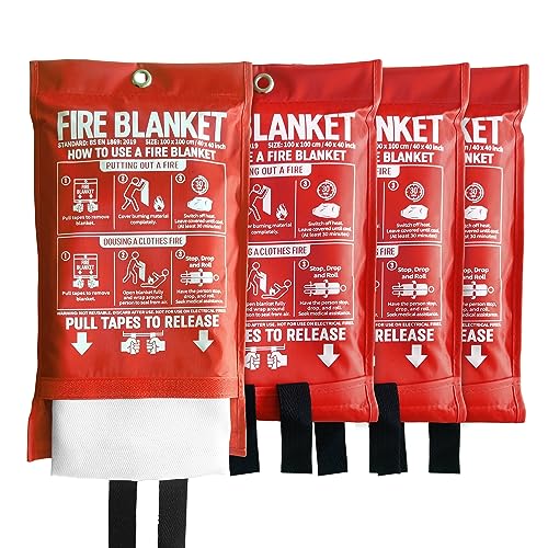 Image of Fire Blanket for Kitchen and Home, 40 inch x 40 inch, Fiberglass Emergency Fire Blanket, 4 Pack