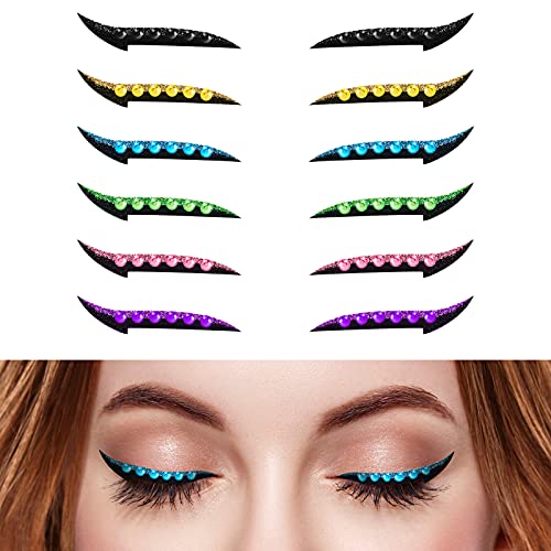 6 Pairs Eyeliner Stickers with Rhinestones Reusable Eyelid Stickers Self-adhesive Eye Line Strip Stickers Glitter Eyeliner Strips Instant Eyeliner Tapes for Women Girls Waterproof Eye Makeup Tools