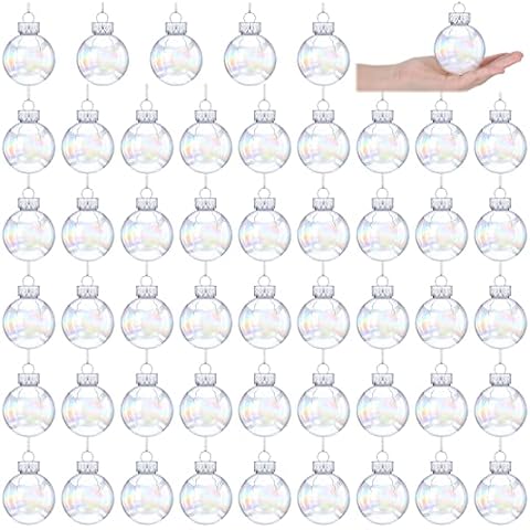 Funtery 2.5inch Christmas Iridescent Clear Balls Plastic Iridescent DIY Ornaments for Crafts Fillable Transparent Hanging Rainbow Ball for Christmas Tree Wedding Party Cover