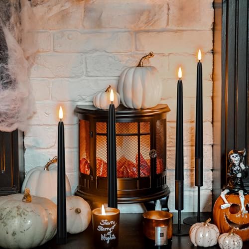Image of Wondise Halloween Flameless Taper Candles with Remote & Timer, 4 Pack Black Candles Battery Operated LED 3D Wick Flickering for Halloween Table Decorations