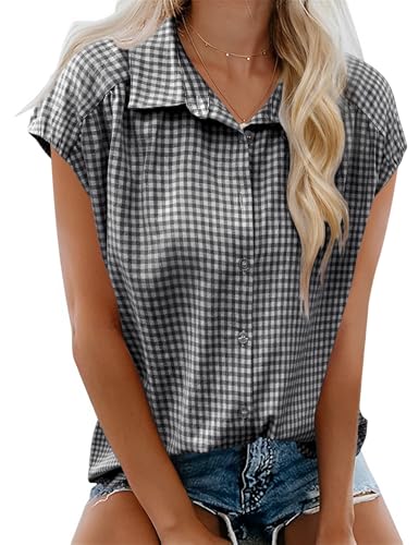 LOMON Womens Button Down Shirts Short Cap Sleeve Summer Cotton V Neck Collared Stripes Blouses Casual Plaid Tops Black and White Plaid S
