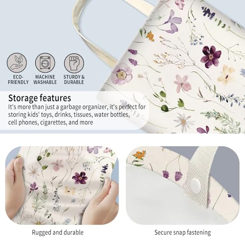 Image of Car Trash Can, Hanging Garbage Bin for Men and Women, Cute Car Organizer and Storage Bag, Canvas Vehicle Trash Can Bag Easy-to-Install Cute Purple and White Floral