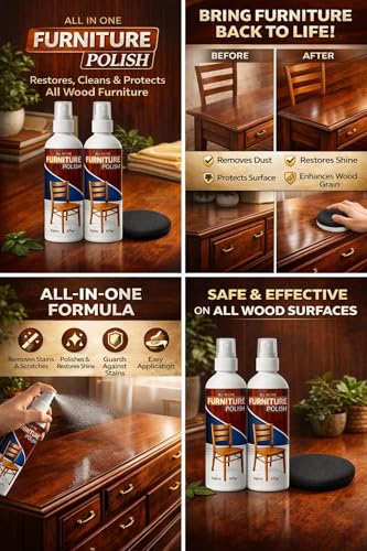 Image of All-in-One Wood Furniture Polish Spray (Pack of 2 x 100ml) with Applicator Sponge | Scratch Remover, Cleaner, Shiner & Protector for Wooden Surfaces | Restores Natural Gloss Finish