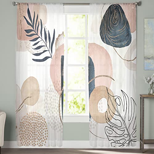 Semi Sheer Window Curtains Mid Century Abstract Geometric Tropical Leaves Rod Pocket Window Voile 2 Panels Door Drapes Window Treatment For Kitchen Bedroom Living Room Hotel Boho Minimalist Style #TOP2