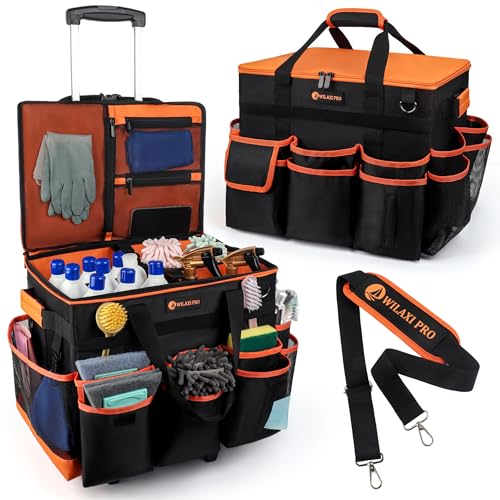 WILAXI PRO Rolling Cleaning Caddy Bag with Wheels, Cleaning Bags For Housekeepers With Detachable, Water Resistant Cleaner Supplies Organizer with Wheels for Kitchen, Car, Tool Organizer