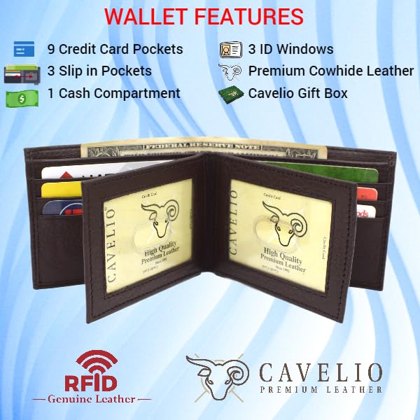 Mens Wallet RFID Genuine Leather Bifold Wallets For Men, 3 ID Windows 12 Card Holders Gift Box (Brown)2