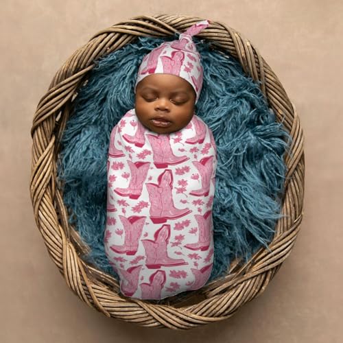 Image of Pink Cowgirl Boot Newborn Swaddle Blankets Hat Sets Soft Baby Receiving Blanket Swaddle Sack for Baby Shower Infant Boy Girl Gift