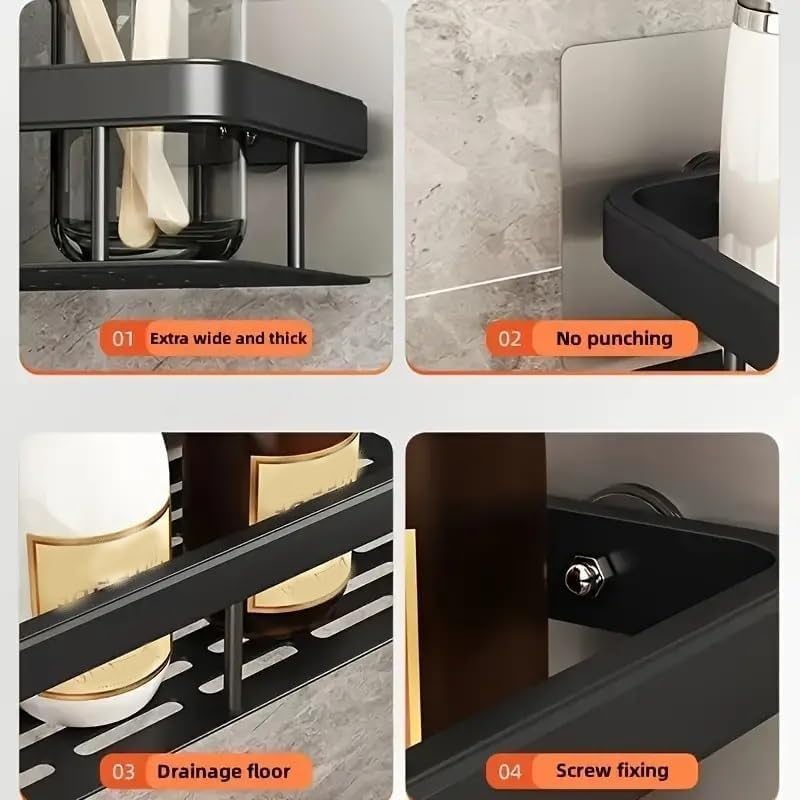 Image of 2 Pcs Self Adhesive Bathroom Shelf for Wall | Bathroom Organizer Without Drill | Wall Mounted Bathroom Shelves | Aluminum Bathroom Organizer Rack for Bathroom Accessories (Black)
