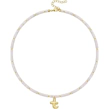KELORIS PATH Beaded Initial Necklace for Women, 14K Gilded Plated Bubble Letter Pendant Natural Handmade Stone Choker Boho Colorful Summer Beach Jewelry Gift
