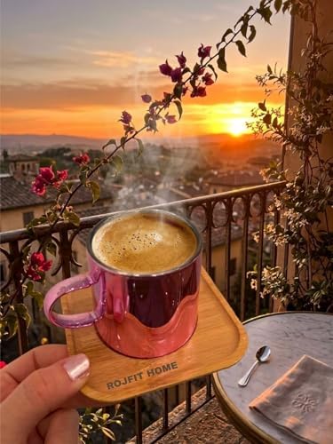 Pembe Borosilikat Cam Fincan Seti, Çift Kat Isıya Dayanıklı Kahve ve Çay Fincanı, Kare Bambu Altlıklı, 2'li Set - Görsel 4