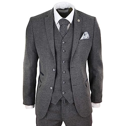 Mens Wool Tweed Suit 3 Piece Authentic 1920S Tailored Fit Classic Grey #TOP1