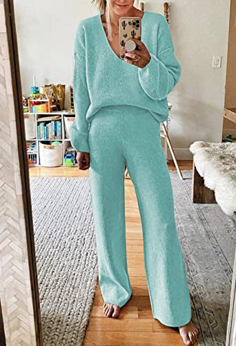 Image of Viottiset Women's 2 Piece Outfits Casual V Neck Knit Wide Leg Sweater Lounge Set Sweatsuit
