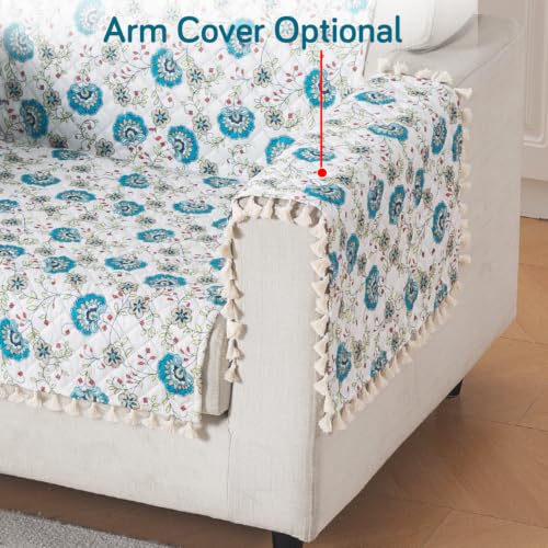 Image of HOKIPO Cerulean Bloom Quilted Sofa Cover for 1 Seater with Tassels for Seat & Back, 'Tassel Twigs' Series (IN-989-T6)