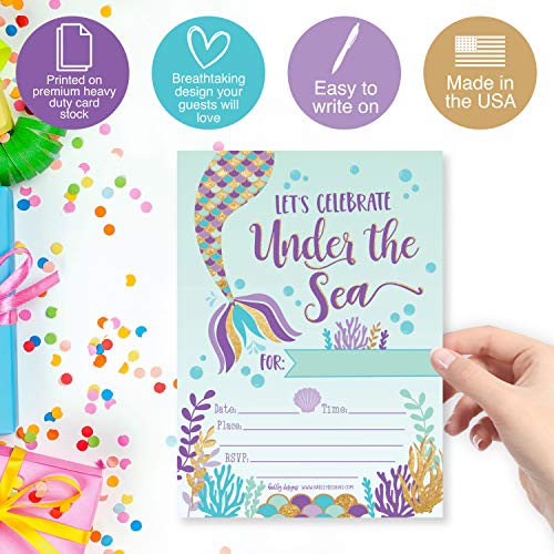 Image of Hadley Designs Kids Birthday Invitations Girl Mermaid Theme - 25 Mermaid Birthday Party Invitations For Girls, Under the Sea Invites For Girls, Cute Party Supplies, Made in USA