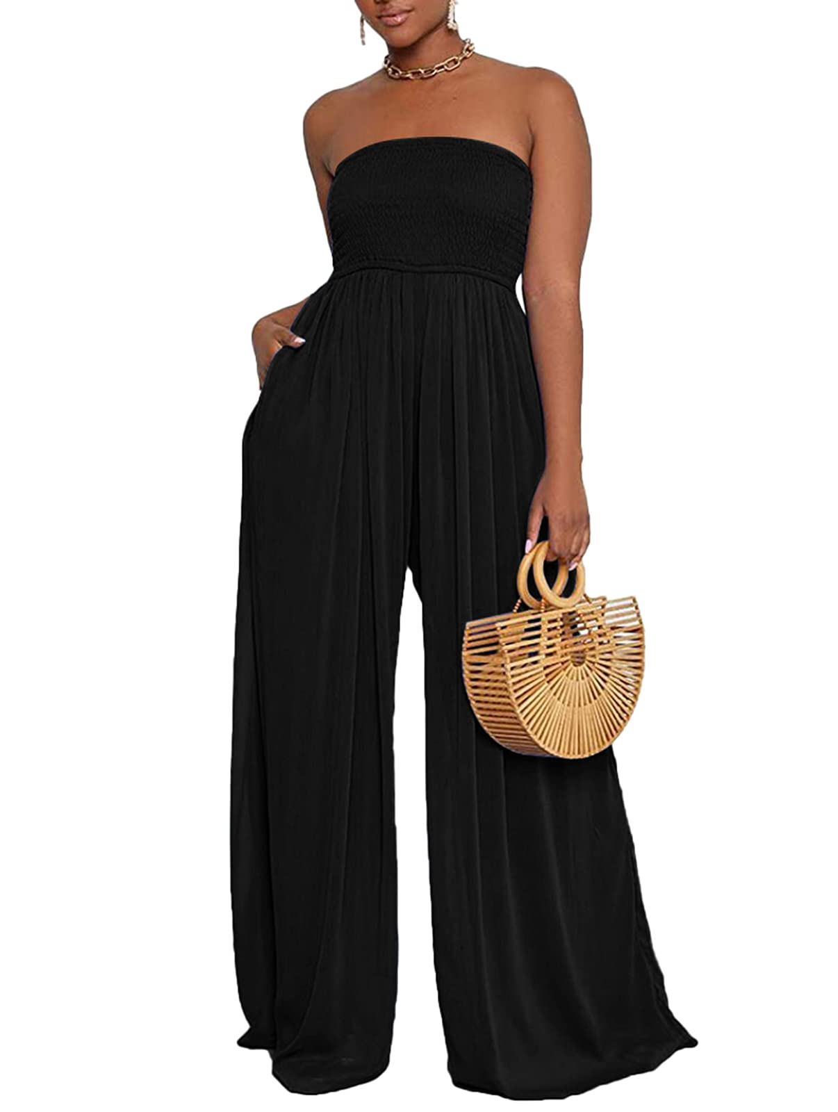 Ophestin Combinaison décontractée pour femme avec cordon de serrage et épaules dénudées - noir - XX-Large