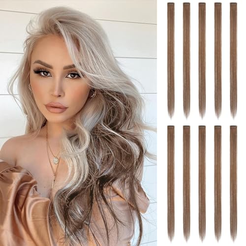 FESHFEN Coloured Clip in Hair Extension Light Brown Hairpieces for Women Party Highlight Colourful Straight Long Hair Extensions Clip in Hair Piece