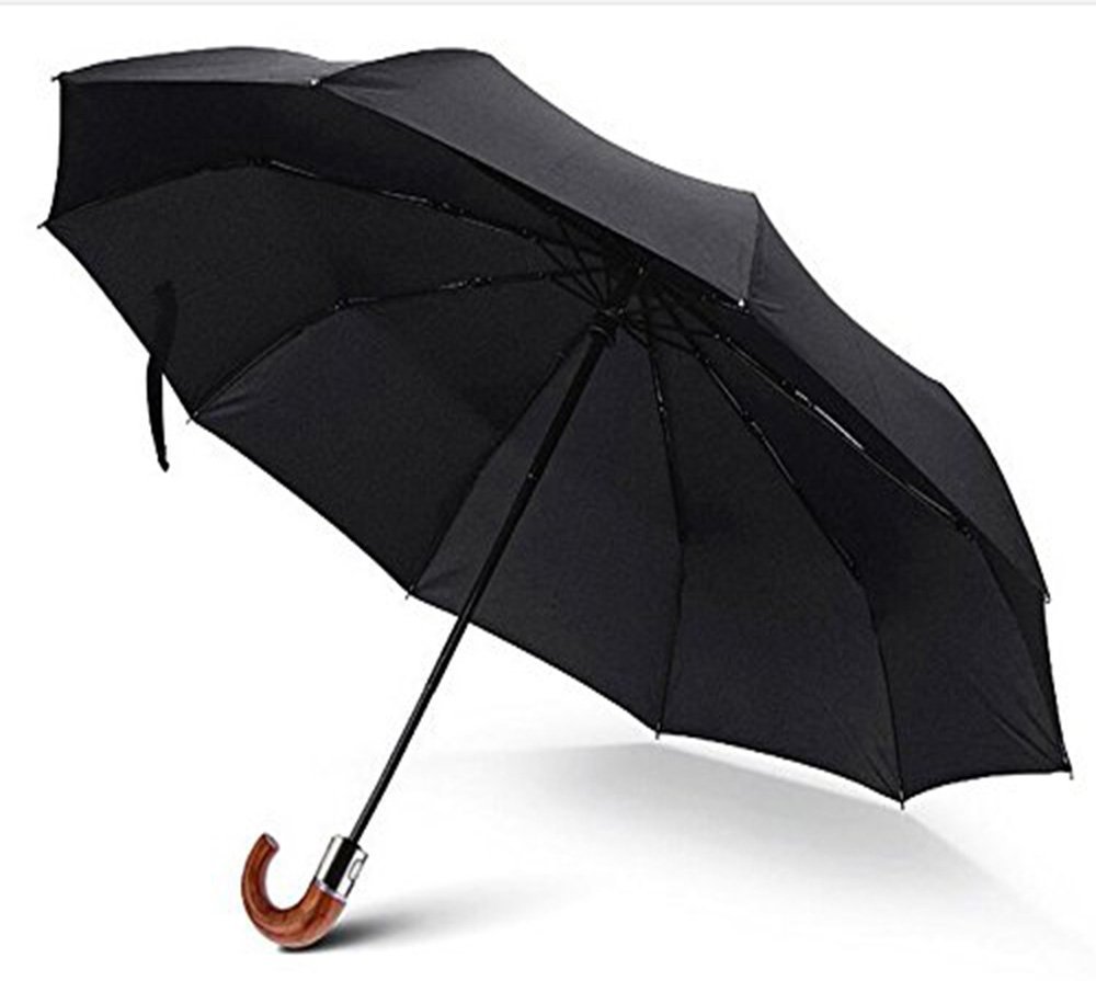 SpyShopCompact Unisex Classic Auto Open Wind-Resistant Travel Umbrella Folding Anti-UV Outdoor Business Umbrella-Automatic -Curved Wood Handle Umbrella-Black
