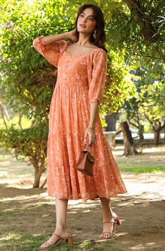 Image of Janasya Women's Orange Georgette Floral Printed Tiered Dress