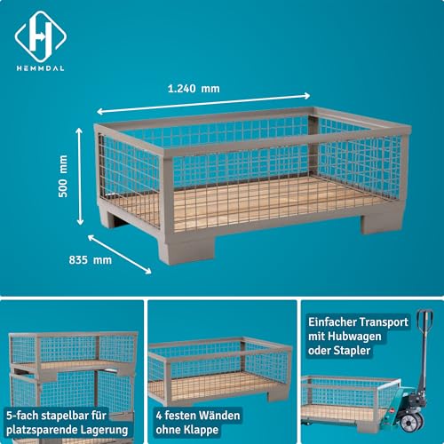 HEMMDAL Industrie-Gitterbox mit 4 festen Wänden | 1.500 kg Tragkraft | HxBxT 50 x 124 x 83,5 cm | Grau | 5 x 5 cm Maschenweite | aus Stahl | niedrige Bauart | stapelbar | Gitterbehälter