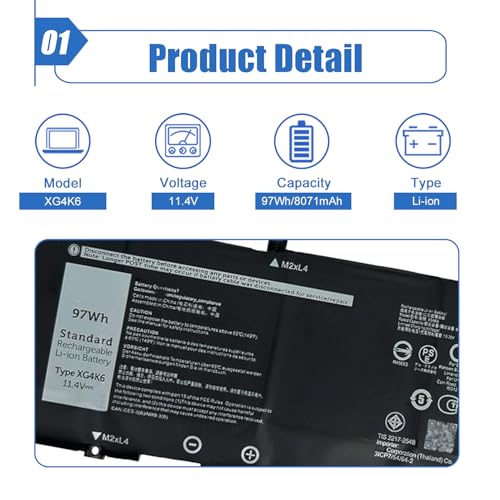 Image of 97Wh XG4K6 Laptop Battery Compatible with Dell XPS 17 9700 9710 9720 9730 Precision 5750 5760 5770 Series P92F P92F001 P92F002 P92F003 KRDHV 01RR3 F8CPG OF8CPG 0YY3V 5XJ6R KVPMY 11.4V