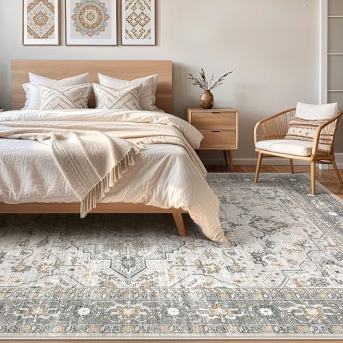 10x14 Area Rugs Living Room: Washable Boho Large Neutral Vintage Soft Rug Stain Resistant Distressed Farmhouse Non-Slip Indoor Floor Carpet for Bedroom Nursery Kids Office Dining Room- Taupe