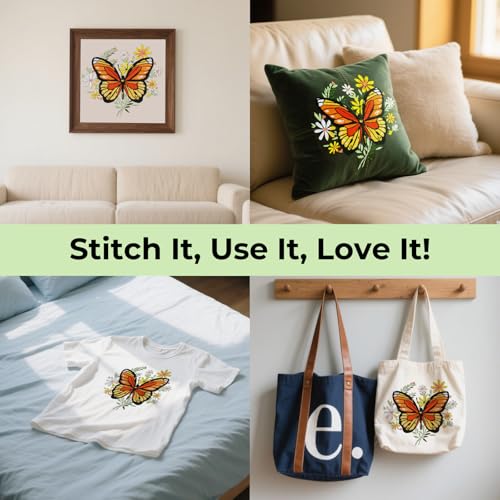 Image of HTVRONT Embroidery Kit for Beginners, Butterfly Embroidery Kits with Step-by-Step Video Tutorials, Simple 6 Stitches Beginner Embroidery Kit for Adult Crafts