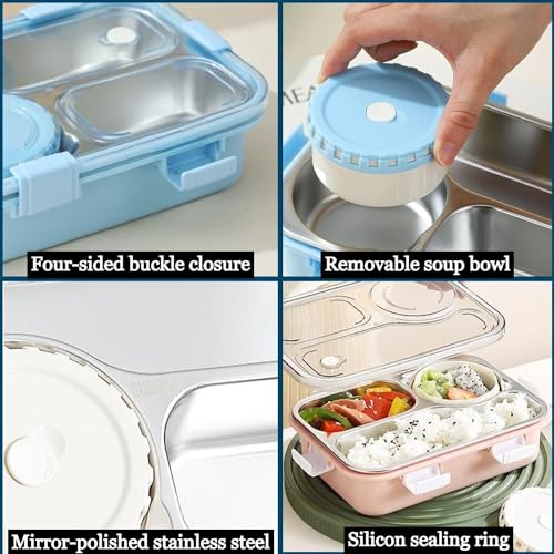Image of Lovely Bright Solid Colored Airtight Leak-Proof Thermal Insulation Reusable Stainless Steel 3 Compartment Bento Lunch Box with Removable Bowl, Spoon, Fork & Chopsticks for Kids, School & Office