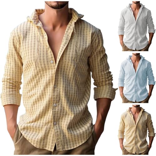 Cambkatl Men's Long Sleeve Plaid Linen Hoodies - 2025 Fall Loose Button Down Casual Lightweight Gingham Beach Shirts2
