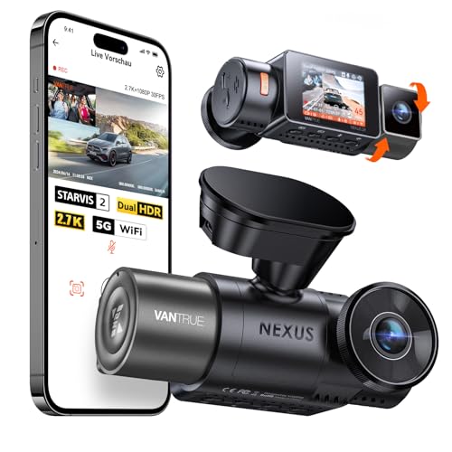 VANTRUE N2X 2.7K+1080P Dashcam Auto Vorne Innen, STARVIS 2 Dual HDR Nachtsicht Dash Cam, 2.5K/60FPS Front, GPS, 5GHz WiFi, App & Sprachsteuerung, 2″ 323° Dasch-Cam 24/7 Parkmodus, G Sensor,