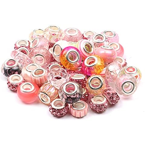50 Pieces Assorted European Beads with Copper Core Big Hole Resin Spacer No Copper Core Lampwork Colorful Beads Rhinestone Craft Beads for Bracelet Jewelry Making Cover