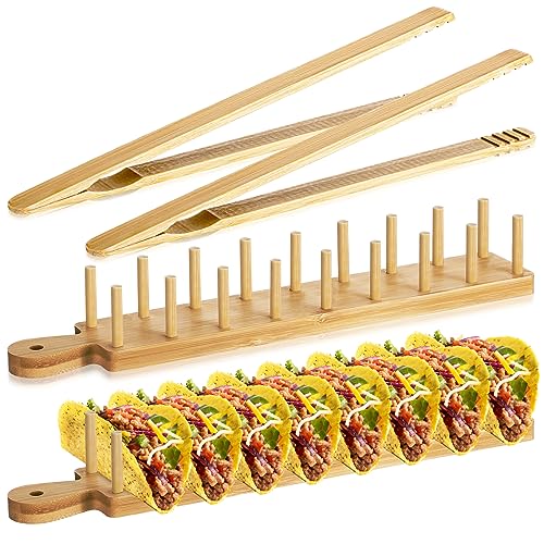 Kigley 4 Pcs Wood Taco Holder Bamboo Taco Tray with Tong Stand with Handle Wooden Rack, Each Holds 8 Soft or Hard Shell for Charcuterie Food Kitchen Gifts Accessories Home