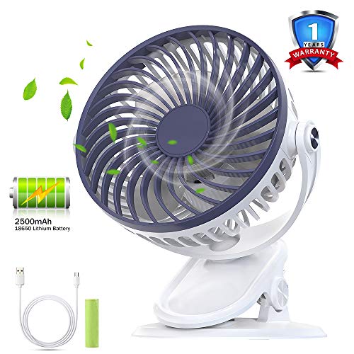 HQKJ Mini-tafelventilator, USB-ventilator, oplaadbaar, voor kantoor, bewaring van de babywagen, 5 inch, 3 snelheden, lithiumbatterij 2500 mAh inclusief