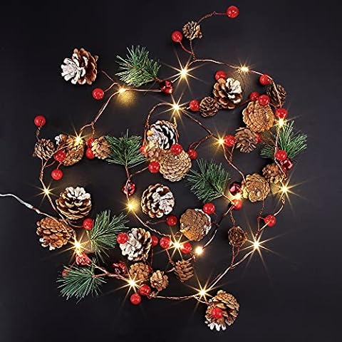 Christmas Garland with Lights,20 LED 6.56FT Christmas Garland String Lights,Pine Garland,Battery Powered Garland Lights Christmas Decorations Garland for Home Garland for Fireplace Mantel Decor Cover