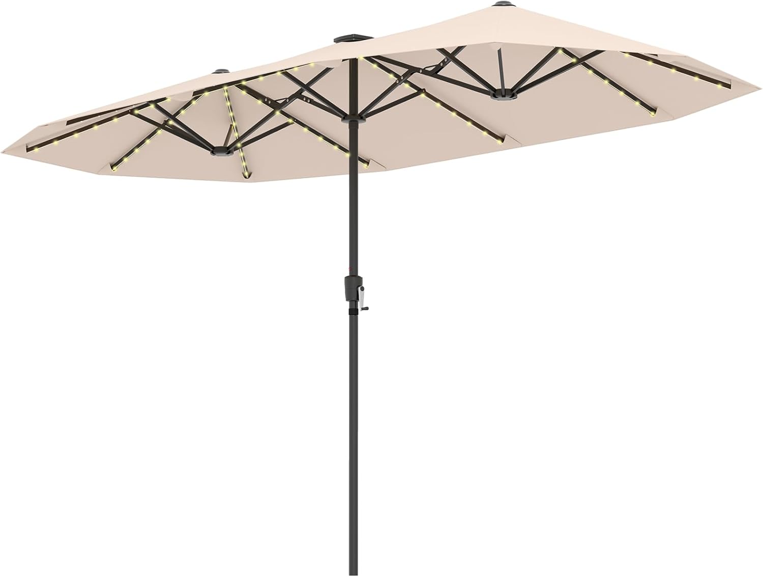 COSTWAY Ombrellone da Giardino Doppio 380 cm, con Luci LED, Ombrello per Esterno con Manovella e 12 Stecche, Ombrello Rettangolare Pieghevole, per Giardino Piscina Terrazza (Beige, Con Luci)