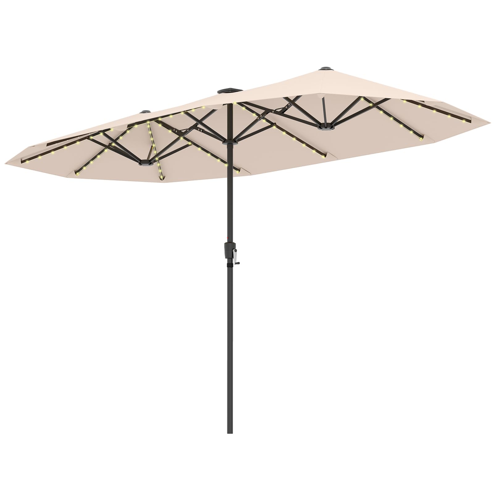 GOPLUS 3,8M Parasol de Jardin Extérieur Double, Grand Parasol Rectangulaire avec LED Coloré, Manivelle, Panneau Solaire, 12 Baleines, pour Terrasses Balcon Cour Marché (Beige)