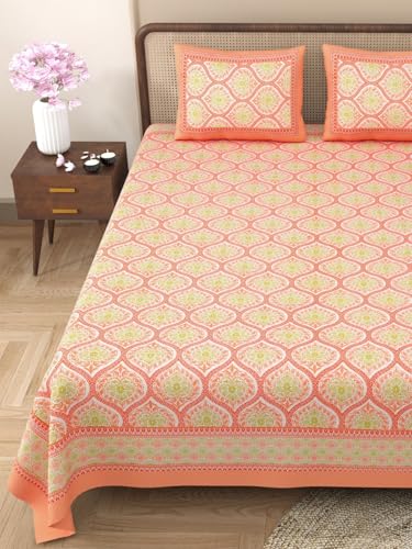 Image of RajasthaniKart Pure Cotton 144 TC Printed Double /King Bed Elastic Fitted Bedsheet with 2 Pillow Covers - All Around Elastic | 72 inchx78 inch|72 inchx72 inch|Fits Up to 8 inch Mattress|108