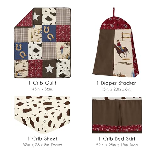 Image of Sweet Jojo Designs 4-Piece Baby Crib Bedding Set (Western Cowboy) for Boys, Infants /Nursery incl. Blanket, Fitted Sheet, Skirt, Diaper Stacker (Country, Farm, Horse Ranch, Wild West, Southern Charm)