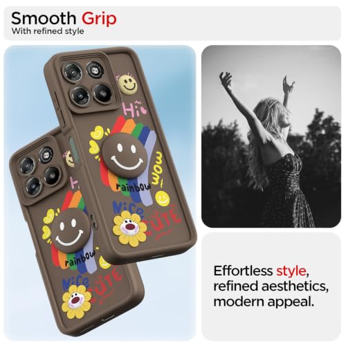 Image of Pikkme Back Cover for Motorola Moto G67 Power 5G / G57 Power 5G | Soft Silicone| Cute Rainbow Smile & 3D Cartoon Flower Design | Shockproof Raised Camera Protection Bumper Case (Brown)