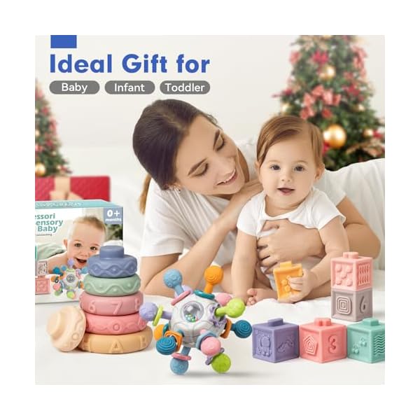 SpringFlower 3-in-1 Montessori-Spielzeug für Babys 0–3–6–12 Monate, Rassel-Beißring & Babyblöcke & weiche Stapelringe, sensorisches Entwicklungsspielzeug, Geschenk für Kleinkinder, Babys, 0–3–6–12–18 – Bild 8