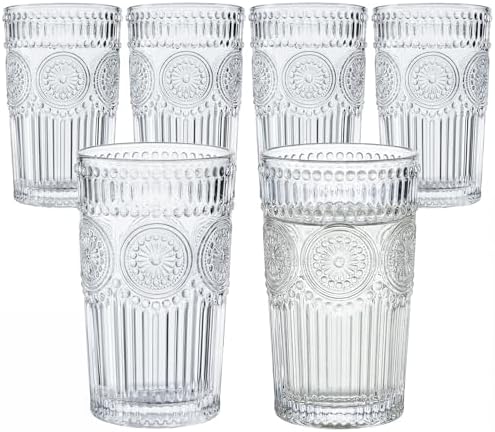 Kingrol Embossed Vintage Drinking Glasses Set of 6, 12 oz Textured Glass Tumblers, Clear Retro Water Glasses for Iced Coffee, Juice, Cocktails & Everyday Use