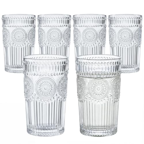 Image of Kingrol Embossed Vintage Drinking Glasses Set of 6, 12 oz Textured Glass Tumblers, Clear Retro Water Glasses for Iced Coffee, Juice, Cocktails & Everyday Use